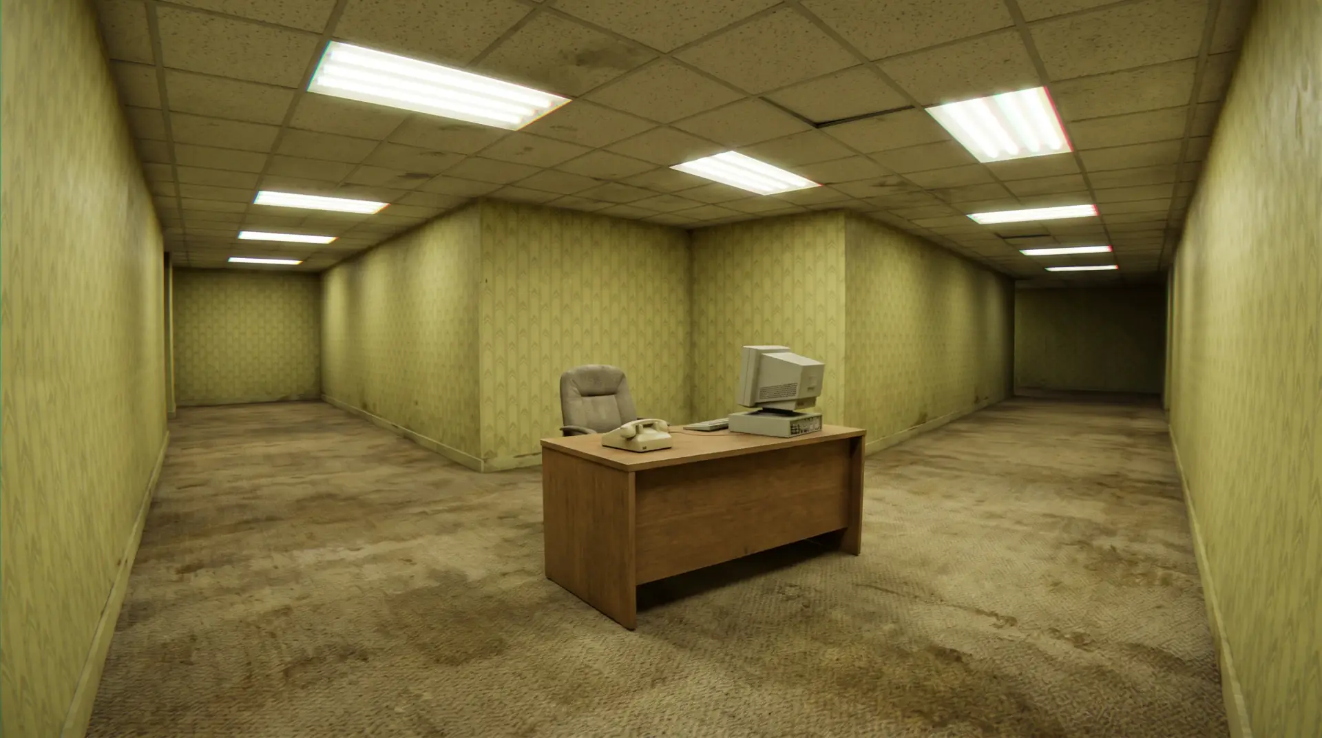 a desk with a beige phone, level 0